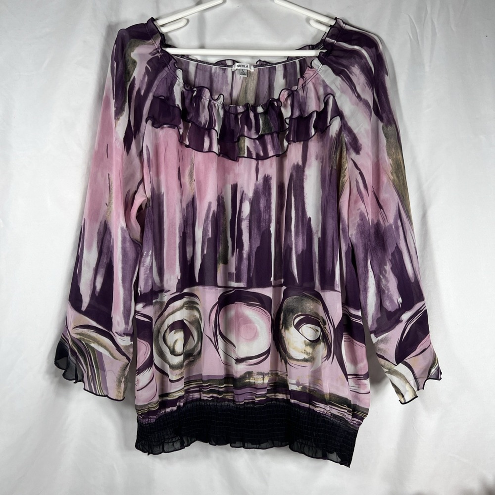 NICOLA Women's Sheer Purple Blouse Size L Abstract Print Long Sleeve Button-Up